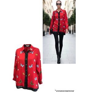 Vtg RARE HANAE MORI Silk Butterfly Red Blouse Japanese Designer Logo Oversized M